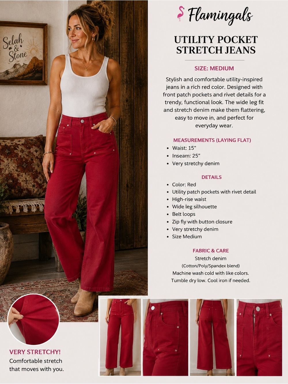 Flamingals Red Utility Pocket Stretch Jeans - Medium